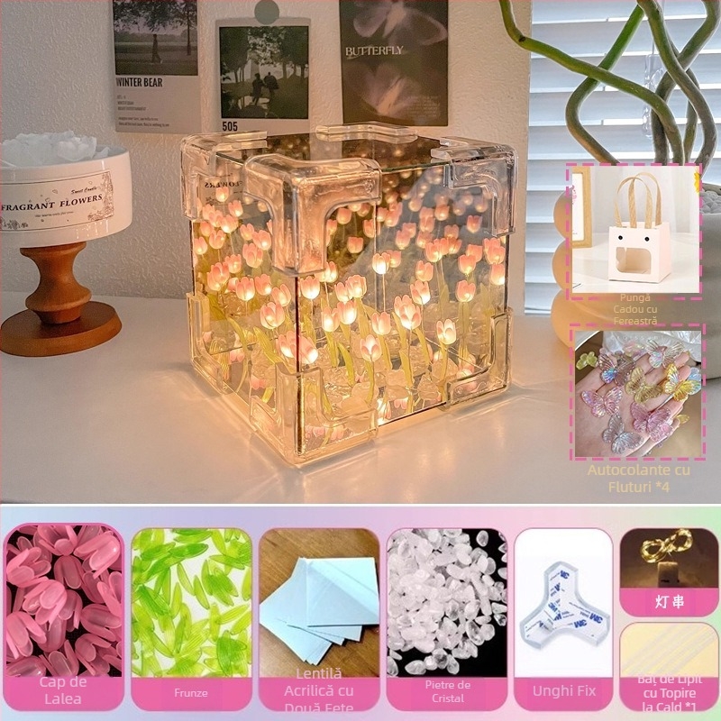 Cub Rubik creativ, lalea, lumină de noapte, lucrat manual, floare, atmosferă marină, oglindă acrilică, ornamente stereo, cadouri