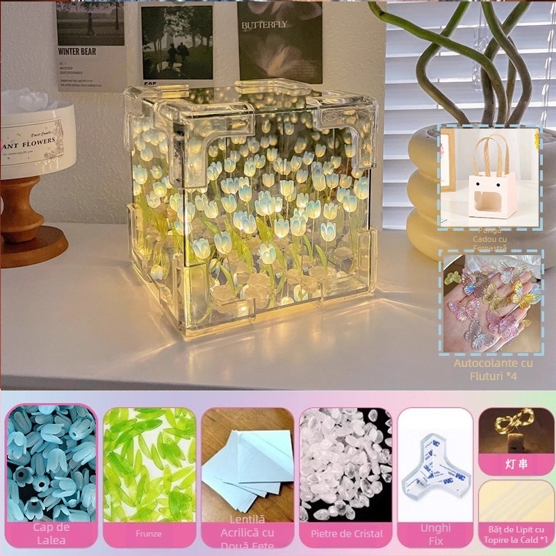 Cub Rubik creativ, lalea, lumină de noapte, lucrat manual, floare, atmosferă marină, oglindă acrilică, ornamente stereo, cadouri