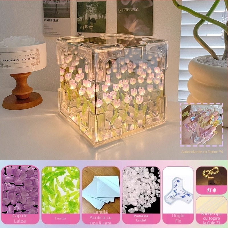 Cub Rubik creativ, lalea, lumină de noapte, lucrat manual, floare, atmosferă marină, oglindă acrilică, ornamente stereo, cadouri
