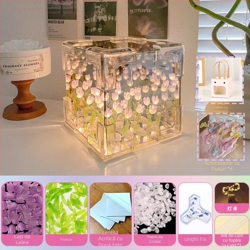 Cub Rubik creativ, lalea, lumină de noapte, lucrat manual, floare, atmosferă marină, oglindă acrilică, ornamente stereo, cadouri