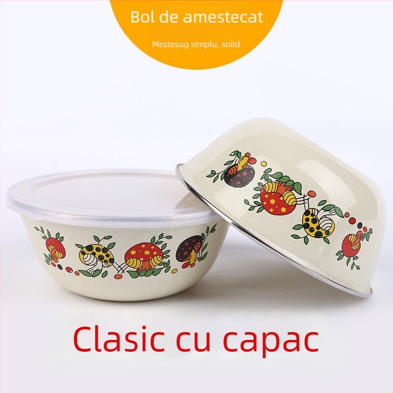 Bol de amestecat emailat cu untură de porc, mare, cu capac, cutie pentru păstrarea prospețimii, bol pentru tăiței instant, oală, bol pentru supă, producători de salată de legume și fructe