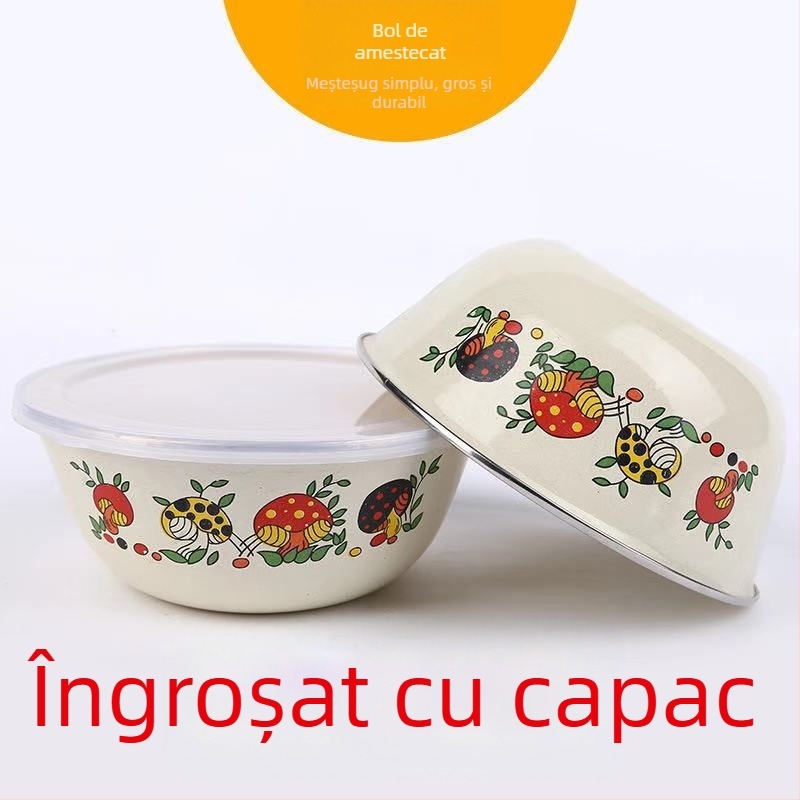 Bol de amestecat emailat cu untură de porc, mare, cu capac, cutie pentru păstrarea prospețimii, bol pentru tăiței instant, oală, bol pentru supă, producători de salată de legume și fructe