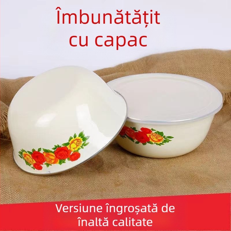 Bol de amestecat emailat cu untură de porc, mare, cu capac, cutie pentru păstrarea prospețimii, bol pentru tăiței instant, oală, bol pentru supă, producători de salată de legume și fructe