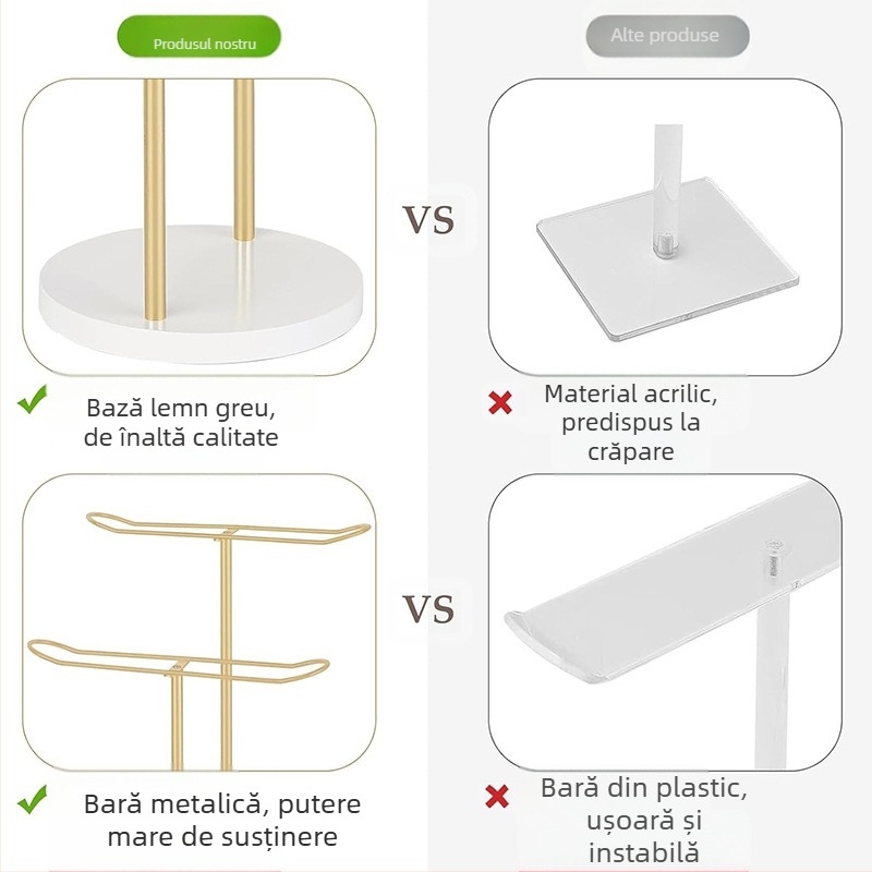 Raft de depozitare pentru benzi de păr cu bază dublă din lemn, cu bază aurie, pentru masă, raft de afișare multifuncțional pentru pălării