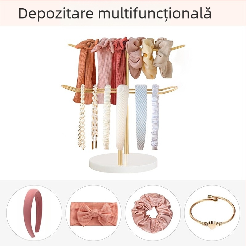 Raft de depozitare pentru benzi de păr cu bază dublă din lemn, cu bază aurie, pentru masă, raft de afișare multifuncțional pentru pălării