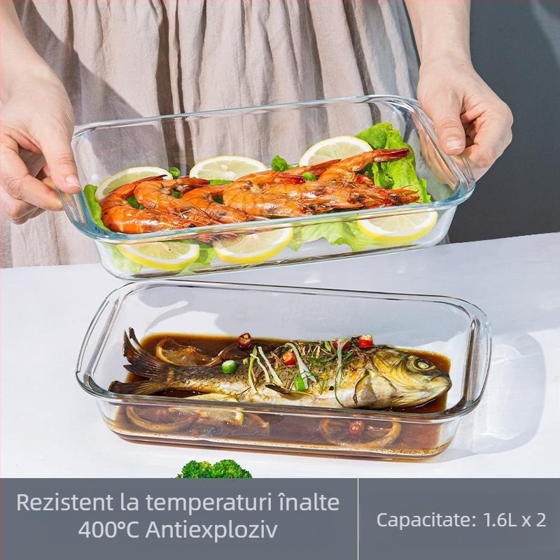 Placă dreptunghiulară din sticlă cu conținut ridicat de borosilicat, tavă de copt, farfurie pentru pește, carne de uz casnic, caviar la abur, rezistentă la temperaturi ridicate, cuptor cu microunde, copt special