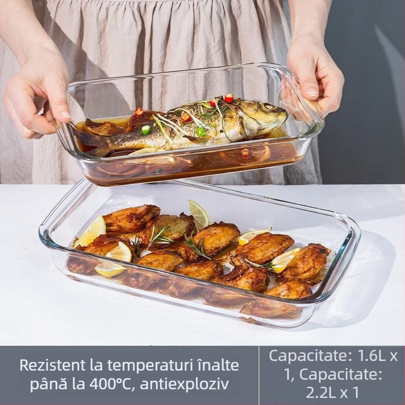 Placă dreptunghiulară din sticlă cu conținut ridicat de borosilicat, tavă de copt, farfurie pentru pește, carne de uz casnic, caviar la abur, rezistentă la temperaturi ridicate, cuptor cu microunde, copt special