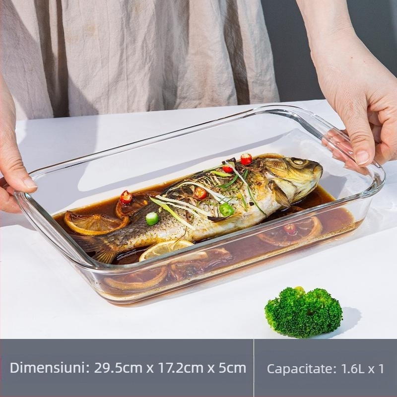 Placă dreptunghiulară din sticlă cu conținut ridicat de borosilicat, tavă de copt, farfurie pentru pește, carne de uz casnic, caviar la abur, rezistentă la temperaturi ridicate, cuptor cu microunde, copt special