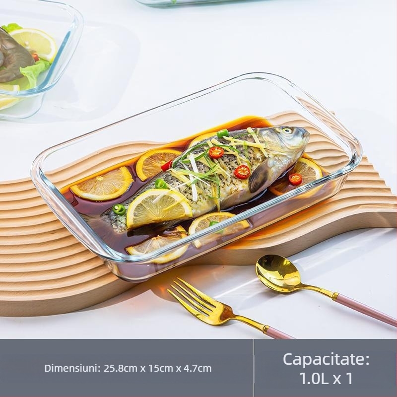 Placă dreptunghiulară din sticlă cu conținut ridicat de borosilicat, tavă de copt, farfurie pentru pește, carne de uz casnic, caviar la abur, rezistentă la temperaturi ridicate, cuptor cu microunde, copt special