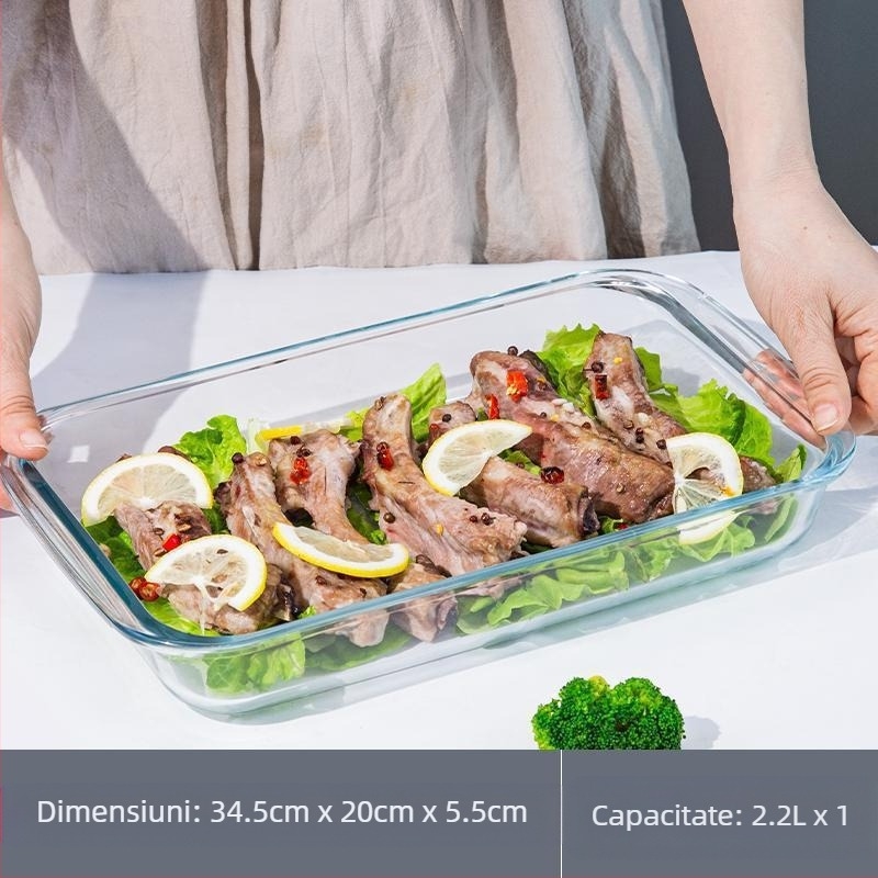 Placă dreptunghiulară din sticlă cu conținut ridicat de borosilicat, tavă de copt, farfurie pentru pește, carne de uz casnic, caviar la abur, rezistentă la temperaturi ridicate, cuptor cu microunde, copt special