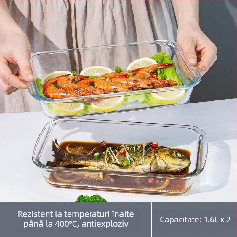Placă dreptunghiulară din sticlă cu conținut ridicat de borosilicat, tavă de copt, farfurie pentru pește, carne de uz casnic, caviar la abur, rezistentă la temperaturi ridicate, cuptor cu microunde, copt special