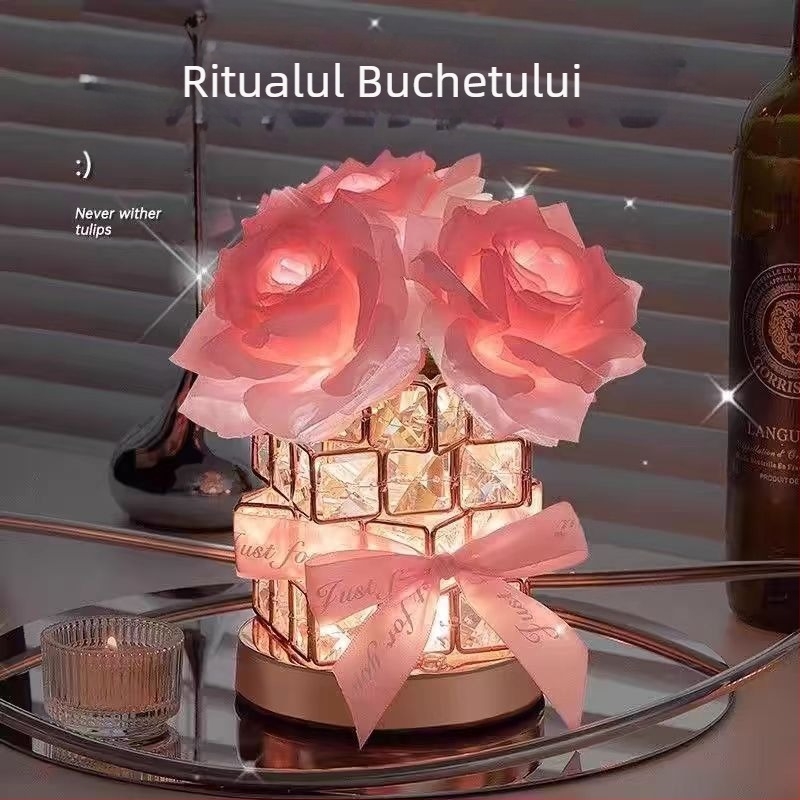Lampă de masă cu atmosferă Rose Cube, lumină de noapte pentru fete, prietene, ziua de naștere, cadou de Ziua Îndrăgostiților, decorare avansată