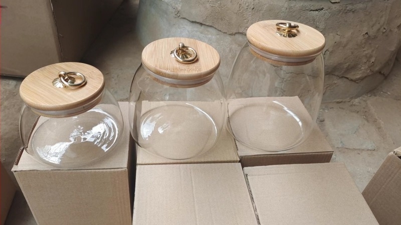 Livrare din fabrică, borcan sigilat din sticlă borosilicată de înaltă calitate, capac din bambus rezistent la căldură, borcan de ceai, borcan triunghiular, borcan de depozitare, sticlă de depozitare