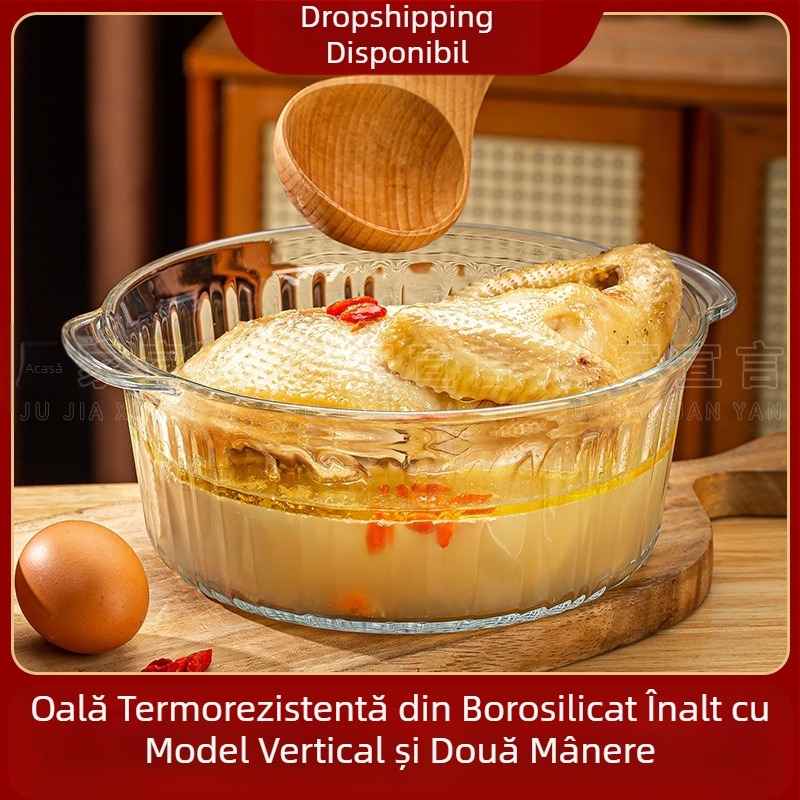 Bol din sticlă rezistent la temperaturi ridicate, cu conținut ridicat de borosilicat, cu capac, bol cu tăiței instant, bol cu microunde, bol cu două urechi, bol rotund pentru ouă fierte la abur de uz casnic