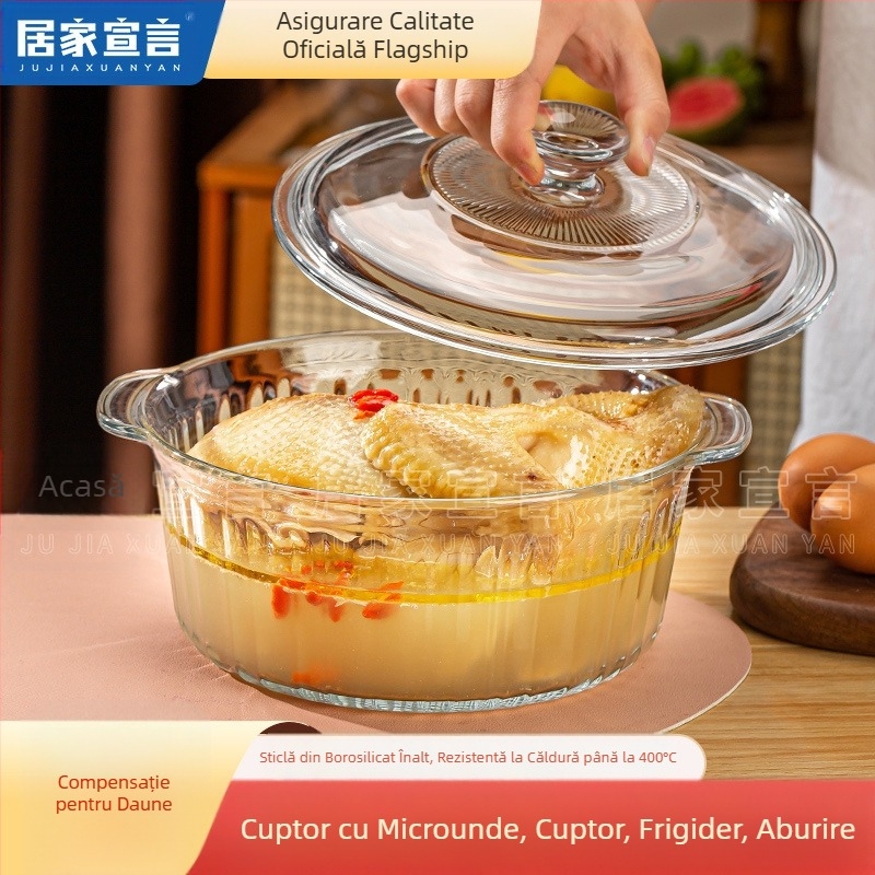 Bol din sticlă rezistent la temperaturi ridicate, cu conținut ridicat de borosilicat, cu capac, bol cu tăiței instant, bol cu microunde, bol cu două urechi, bol rotund pentru ouă fierte la abur de uz casnic