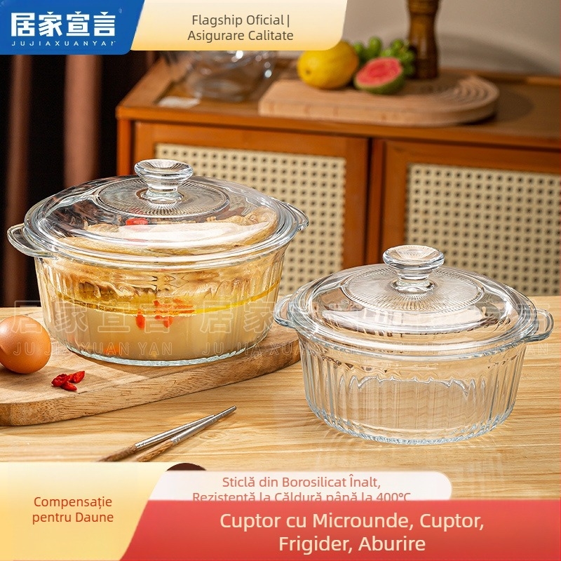 Bol din sticlă rezistent la temperaturi ridicate, cu conținut ridicat de borosilicat, cu capac, bol cu tăiței instant, bol cu microunde, bol cu două urechi, bol rotund pentru ouă fierte la abur de uz casnic
