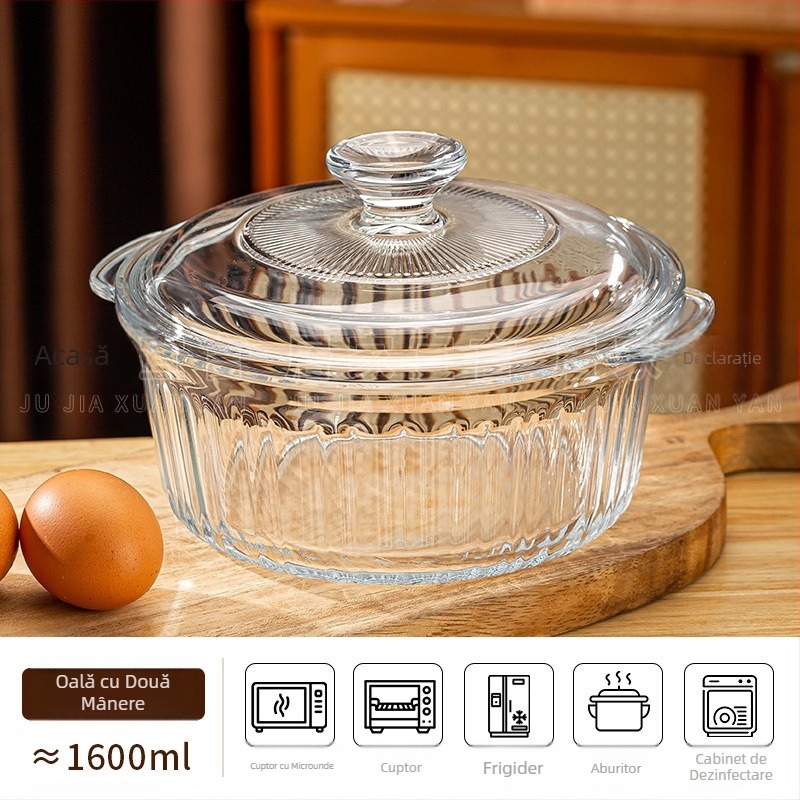 Bol din sticlă rezistent la temperaturi ridicate, cu conținut ridicat de borosilicat, cu capac, bol cu tăiței instant, bol cu microunde, bol cu două urechi, bol rotund pentru ouă fierte la abur de uz casnic