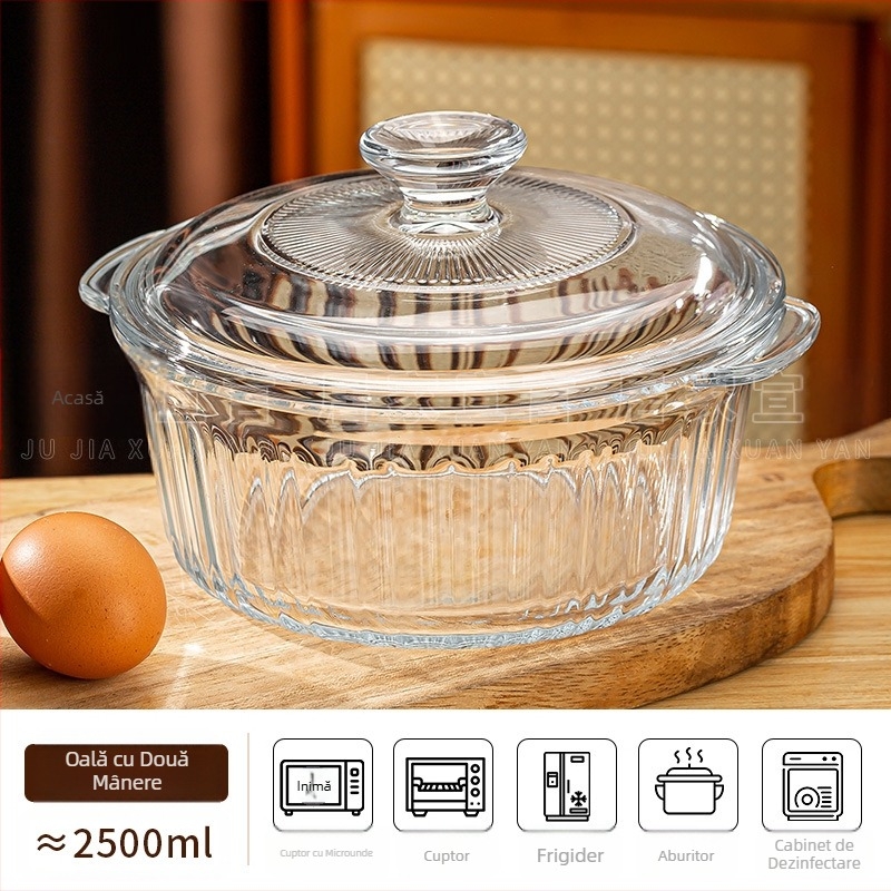 Bol din sticlă rezistent la temperaturi ridicate, cu conținut ridicat de borosilicat, cu capac, bol cu tăiței instant, bol cu microunde, bol cu două urechi, bol rotund pentru ouă fierte la abur de uz casnic