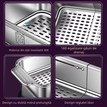 Suport retractabil pentru spălat vase din oțel inoxidabil 304, suport mare de scurgere, suport de filtrare dreptunghiular multifuncțional pentru chiuvetă