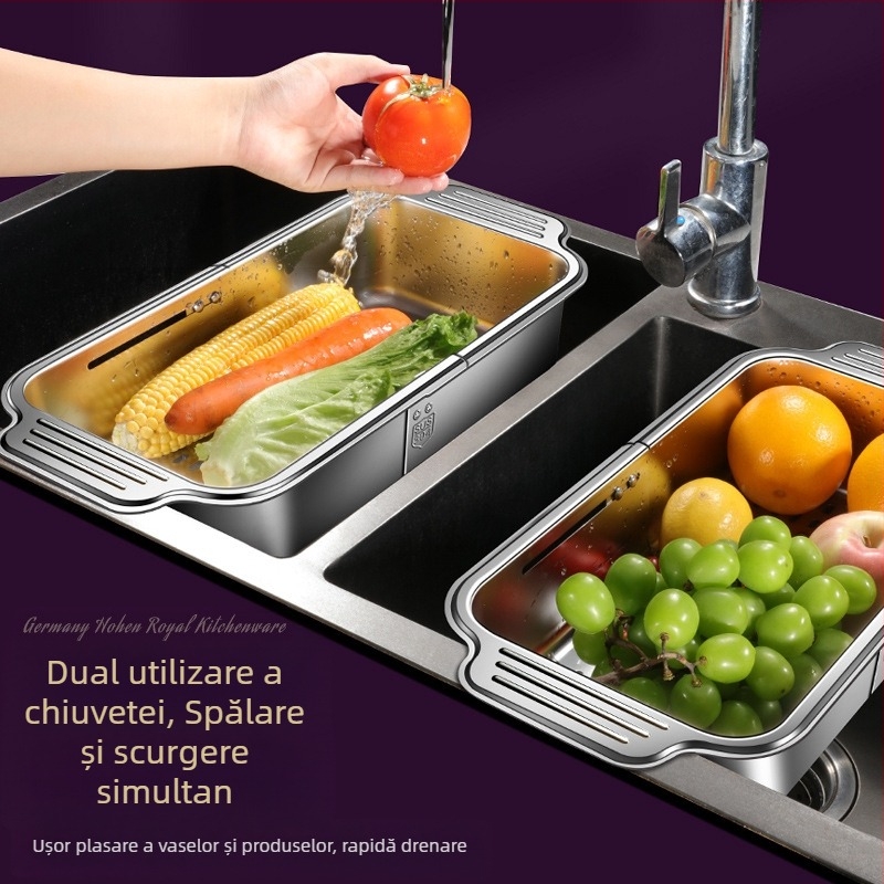 Suport retractabil pentru spălat vase din oțel inoxidabil 304, suport mare de scurgere, suport de filtrare dreptunghiular multifuncțional pentru chiuvetă