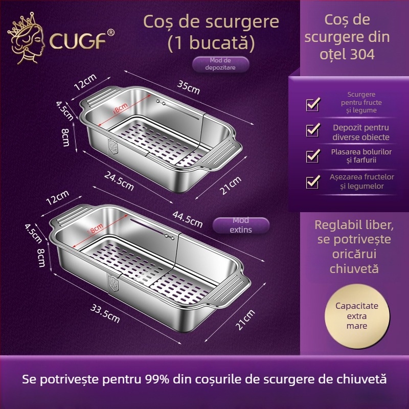 Suport retractabil pentru spălat vase din oțel inoxidabil 304, suport mare de scurgere, suport de filtrare dreptunghiular multifuncțional pentru chiuvetă