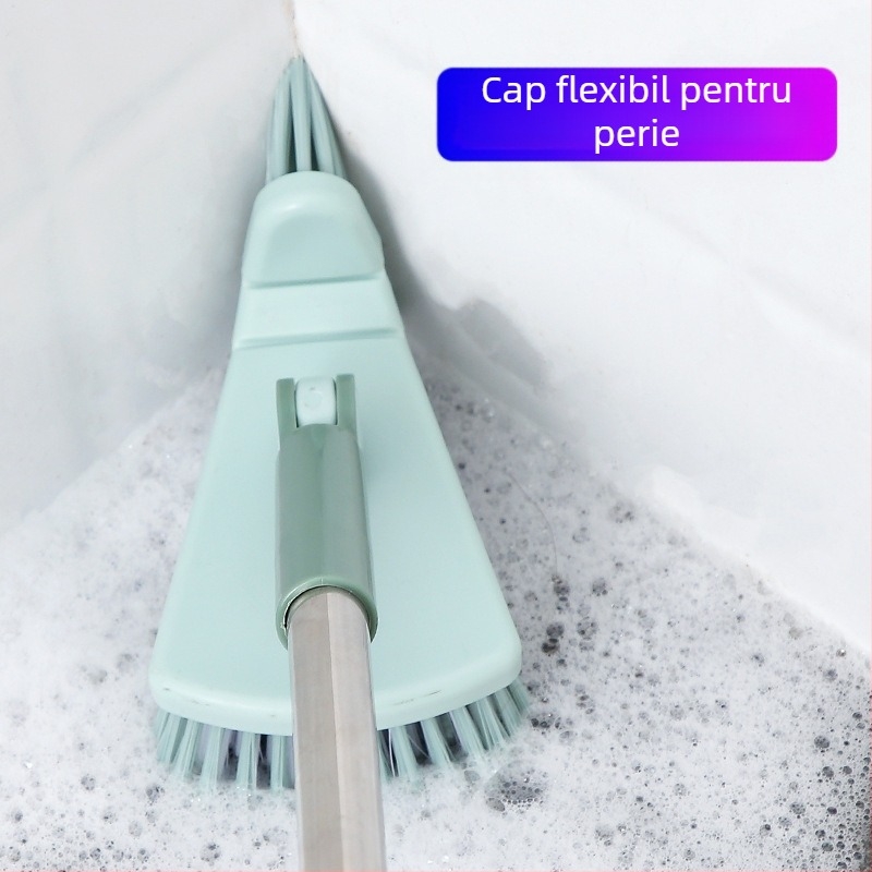 Perie de podea triunghi flexibilă pentru baie, fără îndoire, din oțel inoxidabil, cu mâner lung, perie de podea cu mâner lung, perie de faianță pentru cadă și covor
