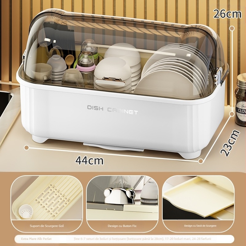 Cutie de depozitare pentru boluri și bețișoare, raft de depozitare pentru vase și vase, bucătărie, raft de scurgere multifuncțional cu capac, cutie de depozitare pentru dulap