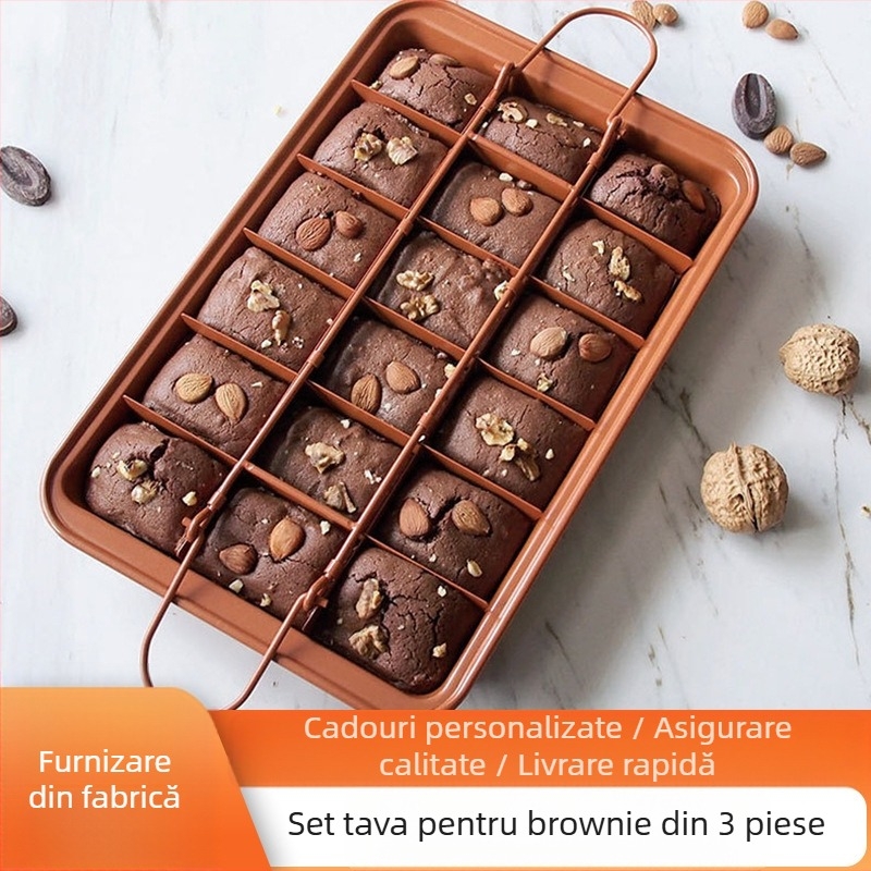 Formă de tort brownie din trei piese, tort de dimineață antică, tort jujube, tăiat separat, tavă de copt dreptunghiulară antiaderentă în carouri