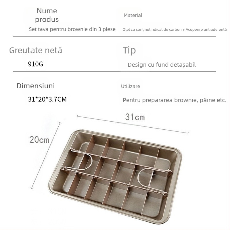 Formă de tort brownie din trei piese, tort de dimineață antică, tort jujube, tăiat separat, tavă de copt dreptunghiulară antiaderentă în carouri