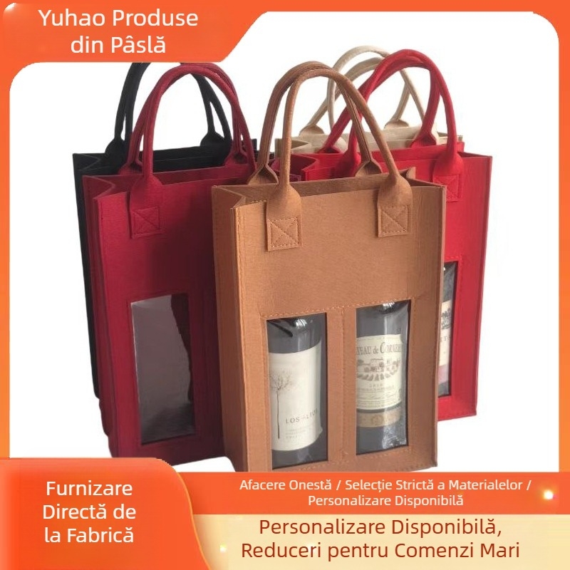 Geantă de vin roșu din pâslă portabilă transfrontalieră, geantă de mână, sticlă dublă, ambalaj rafinat, pungă cadou pentru vin roșu anti-cădere, en-gros