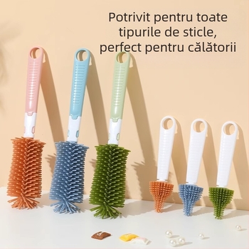 Perie de biberon din silicon pentru copii, perie pentru mamelonul bebelușului, perie cu tub de aspirație, perie rotativă pentru biberon, costum de curățare, perie de curățare