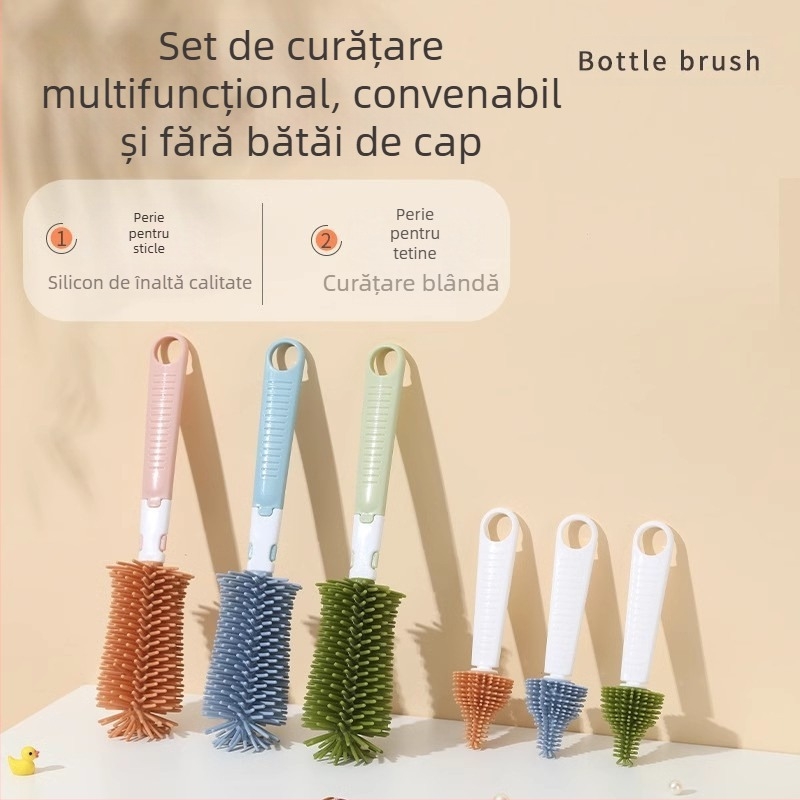 Perie de biberon din silicon pentru copii, perie pentru mamelonul bebelușului, perie cu tub de aspirație, perie rotativă pentru biberon, costum de curățare, perie de curățare