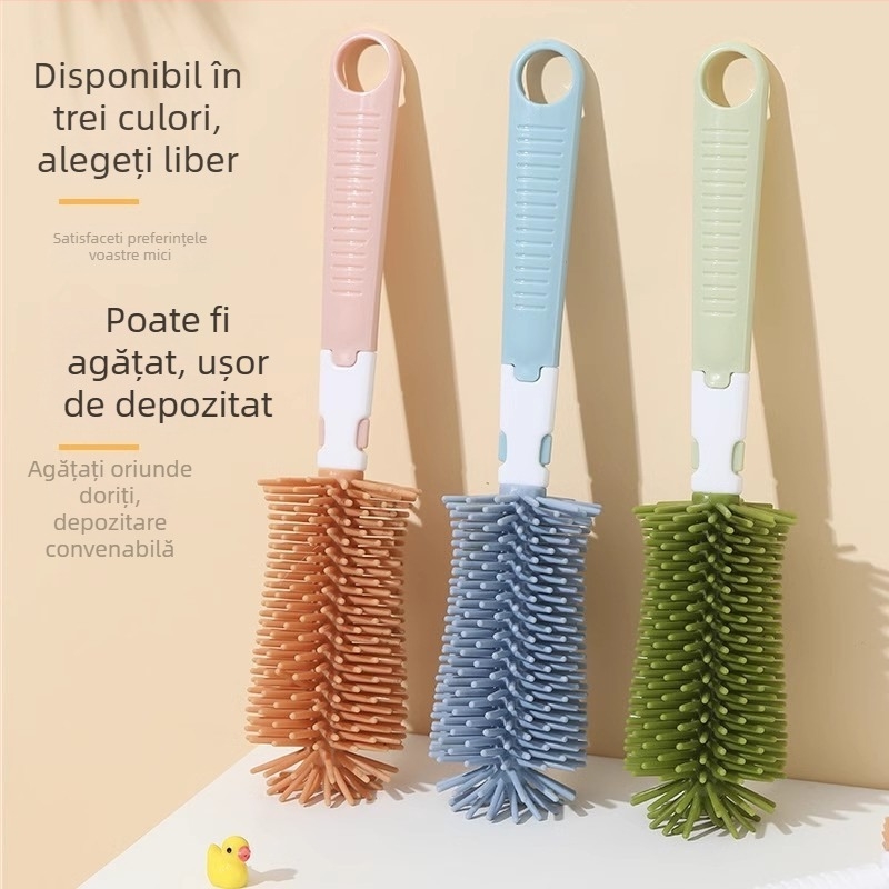 Perie de biberon din silicon pentru copii, perie pentru mamelonul bebelușului, perie cu tub de aspirație, perie rotativă pentru biberon, costum de curățare, perie de curățare