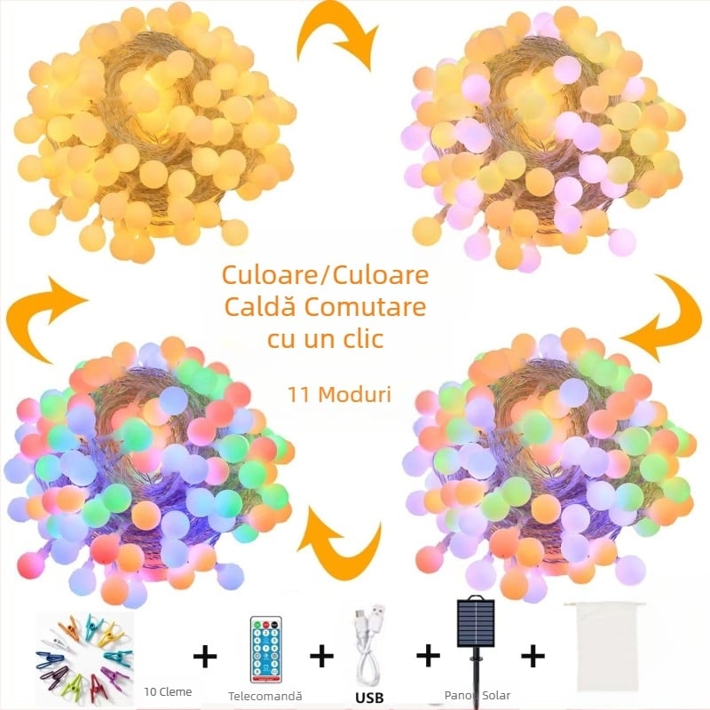 Lampă solară nouă cu bilă mată, cu șir, pentru camping în aer liber, impermeabilă, antigel, lampă de atmosferă, decorare curte, lampă cu schimbare infinită de culoare