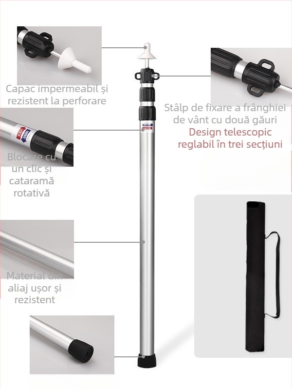 Stâlp telescopic pentru baldachin din aliaj de aluminiu pentru exterior, 2,3 m-3 m, reglabil în 3 secțiuni, suport extensibil pentru ușă de cort, lonjeron portabil
