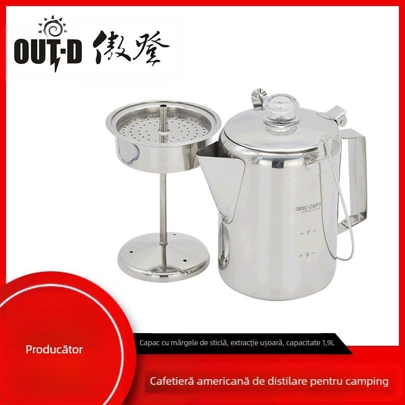 Producătorul furnizează aparat de cafea american cu filtru, în stil camping, aparat de cafea Mocha din oțel inoxidabil, cu 9 căni, pentru uz casnic în aer liber