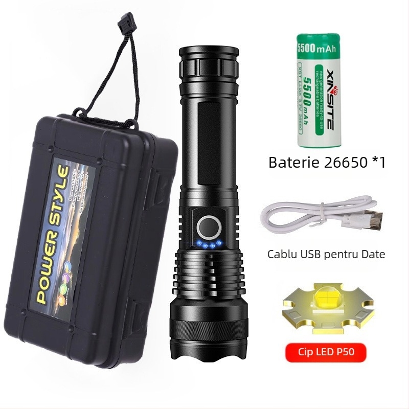 Lanternă reîncărcabilă transfrontalieră super ușoară cu rază lungă de acțiune, reflector de patrulare în aer liber, pistol cu zoom Aurora, proiector mare, pistol laser puternic