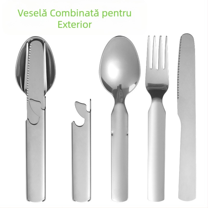 Cuțit, furculiță și lingură din oțel inoxidabil, cuțit, furculiță și lingură pentru exterior, furnizate de Amazon transfrontaliere, cuțit, furculiță și lingură, trei în unu, cuțit, furculiță și lingură portabile