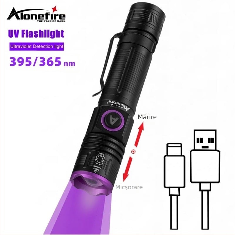 Lanternă telescopică cu zoom 395, lumină UV violetă, fum, identificare vin, 365nm, detectare fluorescentă SV85