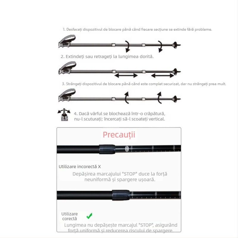 Alpinism baston telescopic pliabil din carbon, baston profesional în aer liber, drumeții, alpinism, echipament anti-alunecare, cârjă