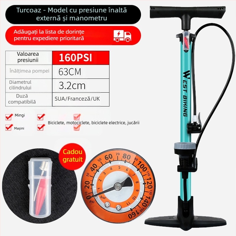 Pompă de înaltă presiune West Rider pentru biciclete de munte, acasă, portabilă, pentru mașini de baschet, cu baterie, pentru mașini și motociclete