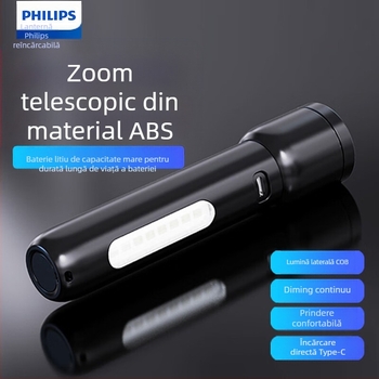 Lanternă portabilă de exterior cu rază lungă de acțiune, cu zoom telescopic, din material ABS super luminos, Philips, cu lumină puternică și lumini laterale