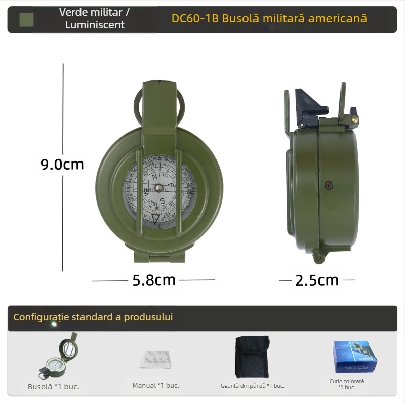Busolă multifuncțională în aer liber, busolă pentru camping, busolă off-road, busolă geologică nordică, echipament de luptă pentru soldat american, din metal