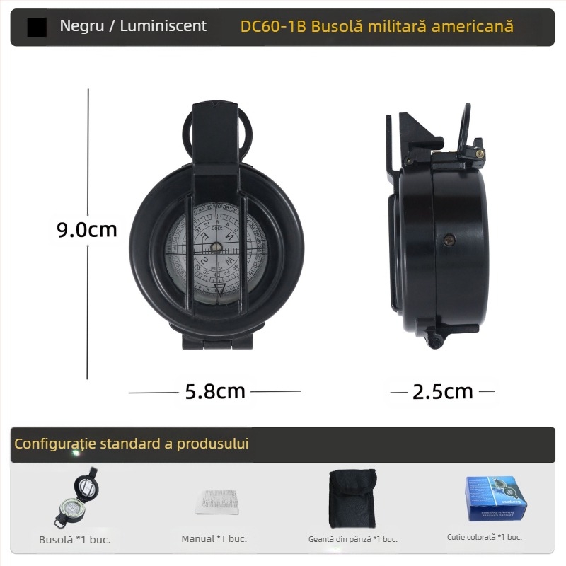 Busolă multifuncțională în aer liber, busolă pentru camping, busolă off-road, busolă geologică nordică, echipament de luptă pentru soldat american, din metal