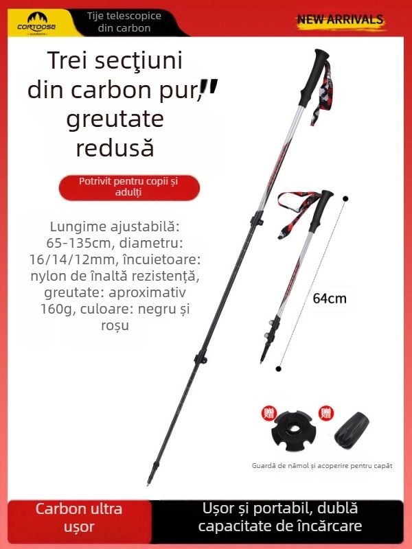 Kuangtu, băț de alpinism din fibră de carbon, cârjă telescopică din trei secțiuni pentru bărbați și femei, echipament de drumeții în aer liber, cârjă ultra-ușoară antiderapantă
