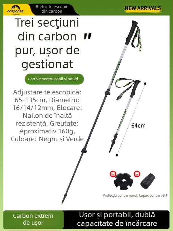 Kuangtu, băț de alpinism din fibră de carbon, cârjă telescopică din trei secțiuni pentru bărbați și femei, echipament de drumeții în aer liber, cârjă ultra-ușoară antiderapantă