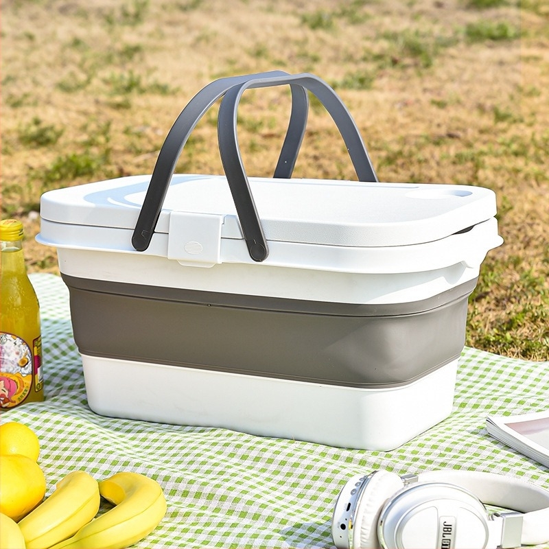 Coș portabil pliabil în aer liber cu capac Coș de depozitare pliabil portabil pentru focar de primăvară Coș de depozitare Coș de picnic