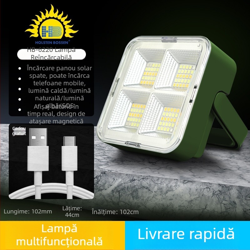 Lampă de lucru cu energie solară, lampă portabilă pentru comerț exterior, iluminat exterior cu mai multe fișiere, lampă de cort de camping, încărcare multifuncțională