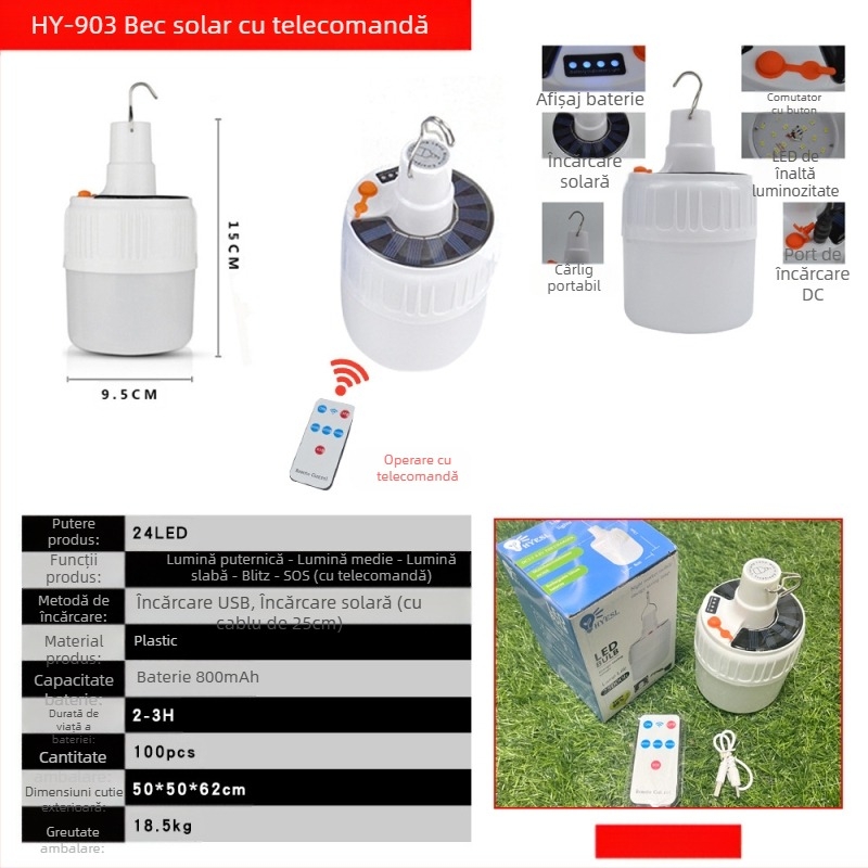 Lumină de urgență LED cu încărcare solară, lumină de noapte pentru piață, stand mobil, camping, iluminat exterior, lumină suspendată cu telecomandă, bec, lumină
