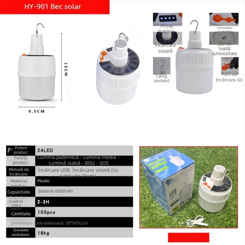 Lumină de urgență LED cu încărcare solară, lumină de noapte pentru piață, stand mobil, camping, iluminat exterior, lumină suspendată cu telecomandă, bec, lumină